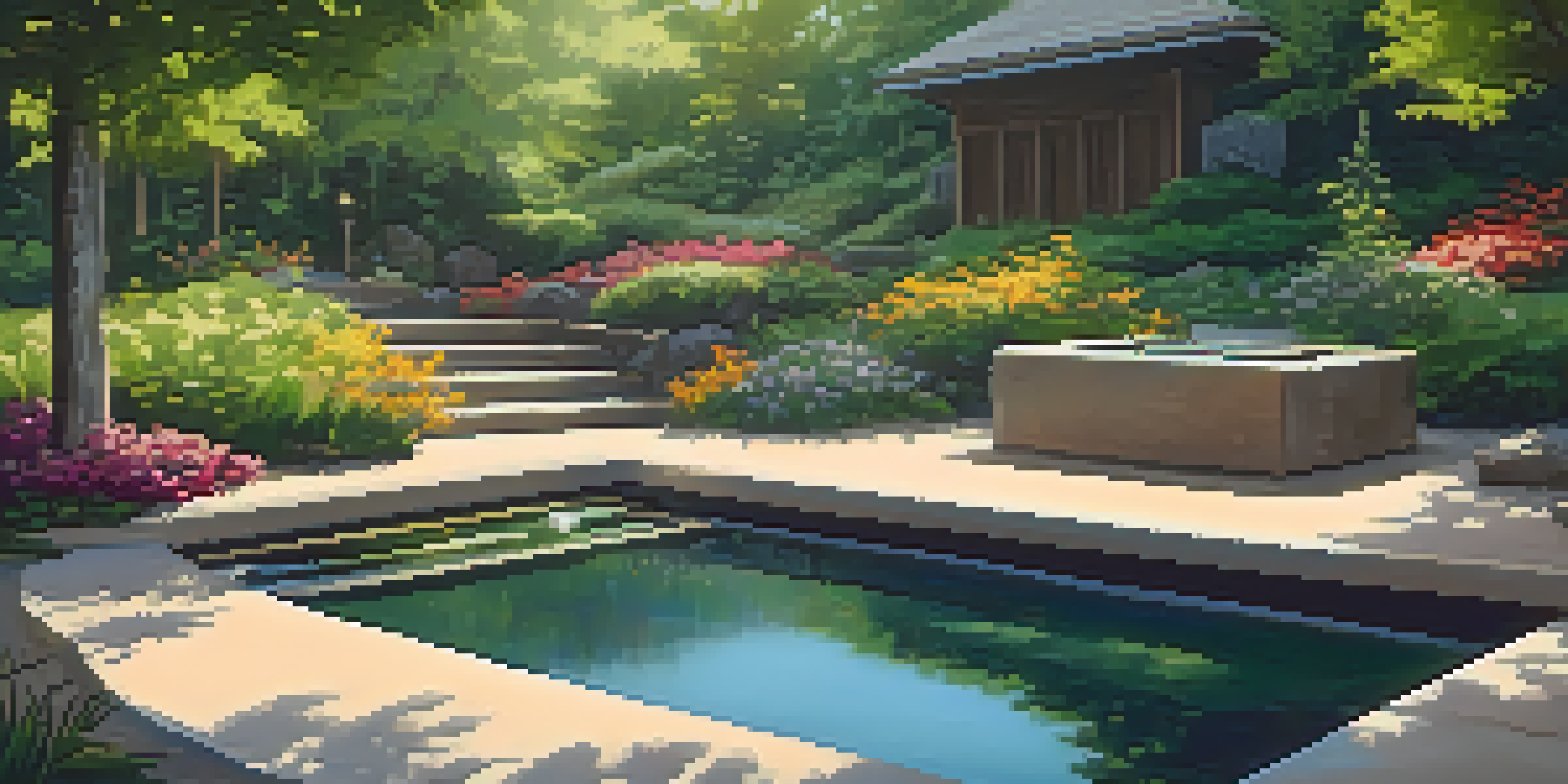 A peaceful outdoor meditation area surrounded by lush greenery and colorful flowers, with sunlight filtering through trees and a calming water feature.