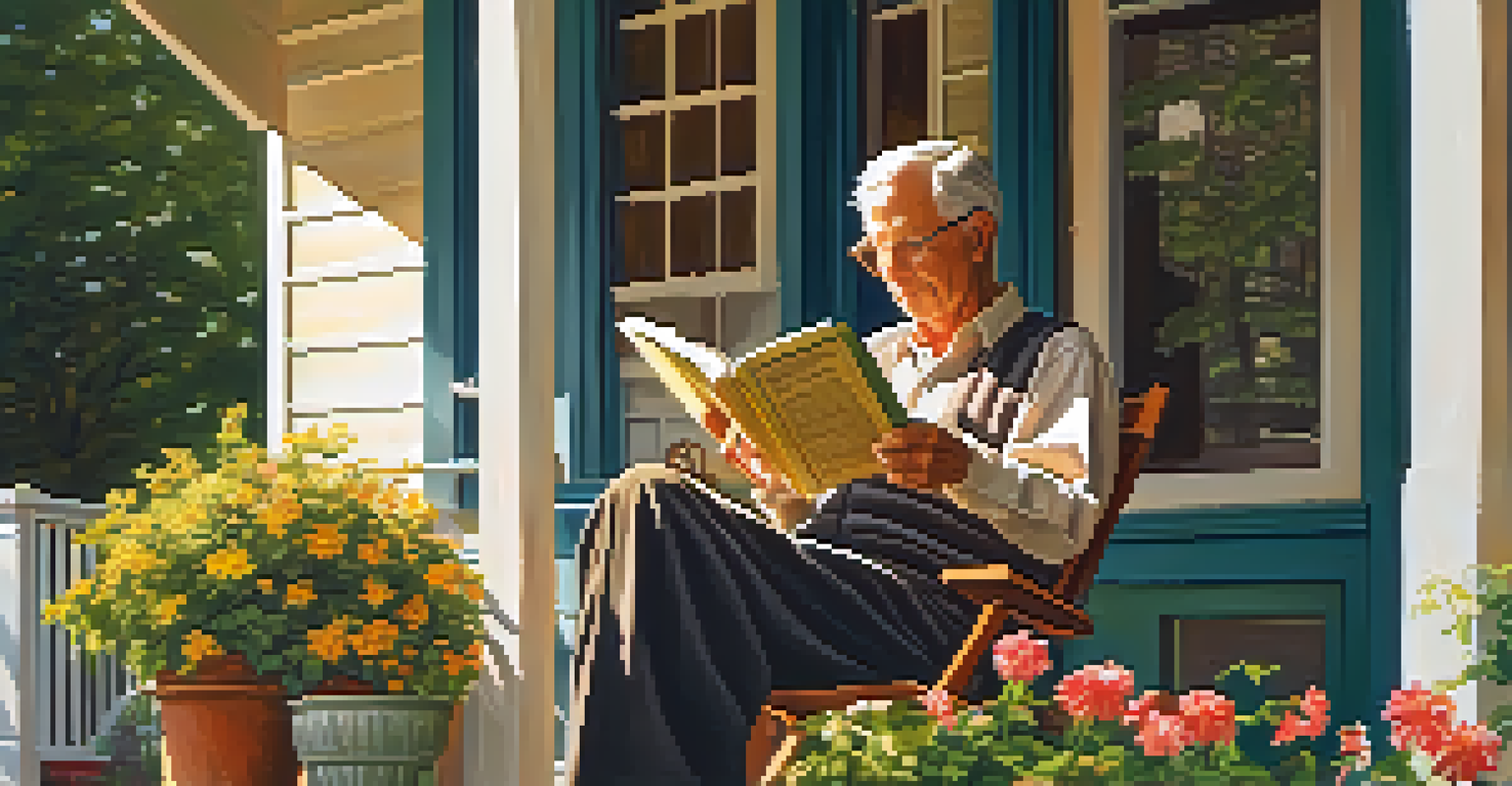 An elderly man reading a book on a porch swing surrounded by potted plants and flowers, bathed in warm sunlight.