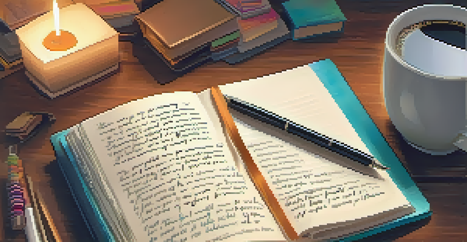 A hand writing affirmations in a journal on a cozy desk with motivational notes.