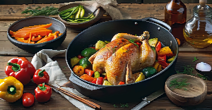 A colorful one-pan meal with roasted chicken and vegetables on a wooden table, illuminated by soft light.