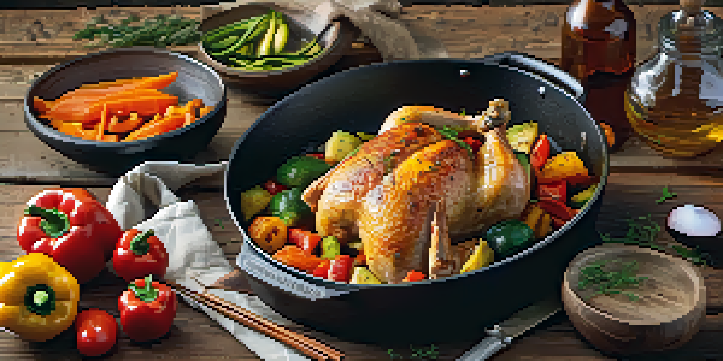 A colorful one-pan meal with roasted chicken and vegetables on a wooden table, illuminated by soft light.