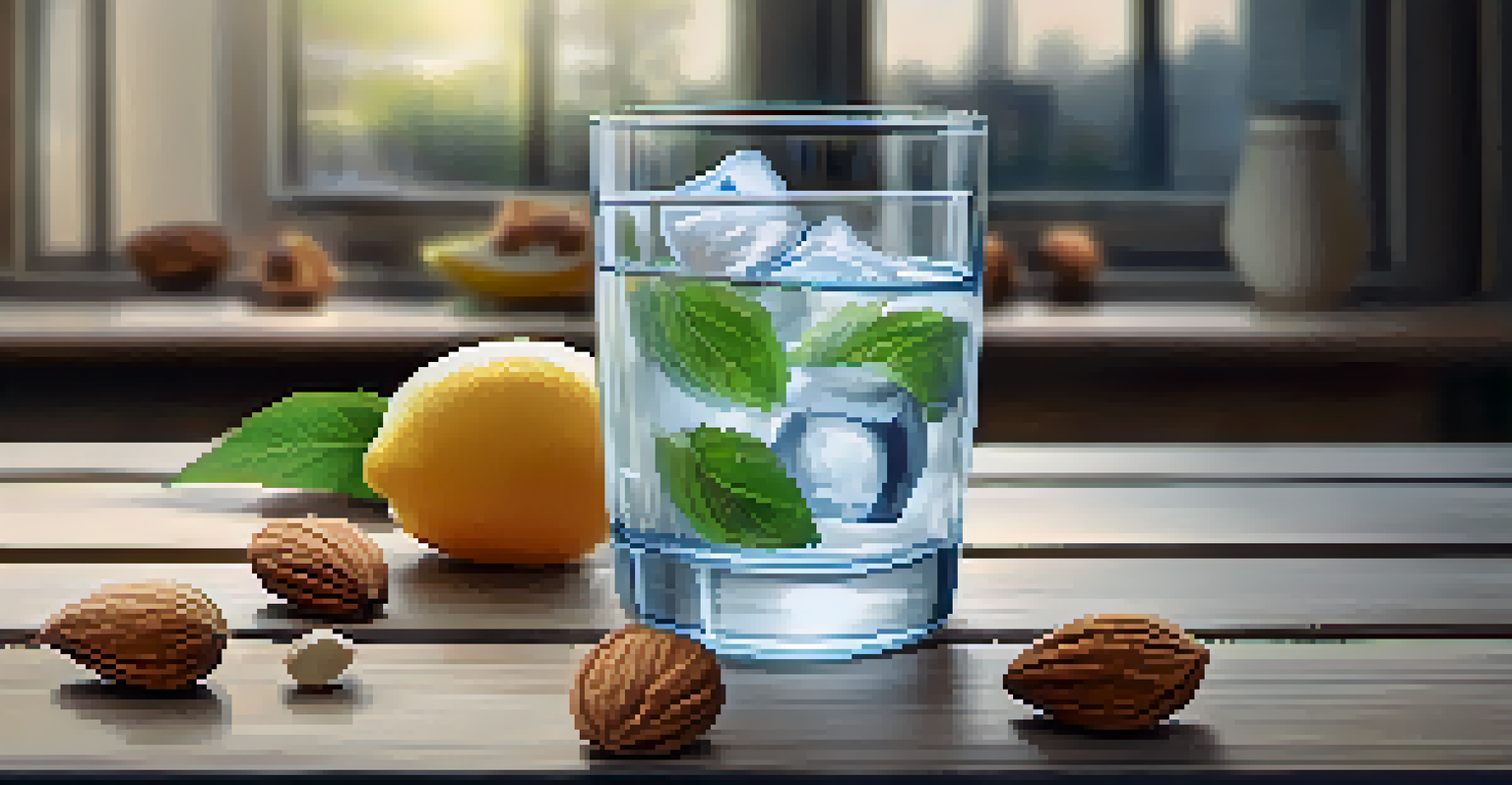 A glass of ice water on a wooden table with a blurred background of a water bottle and healthy snacks.