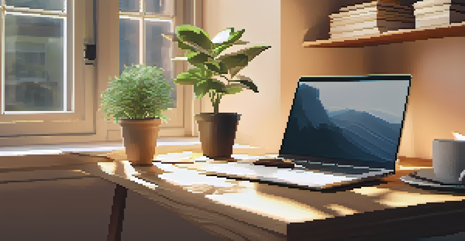 A cozy workspace with a laptop, notepad, and a cup of herbal tea, bathed in warm afternoon light from a window.