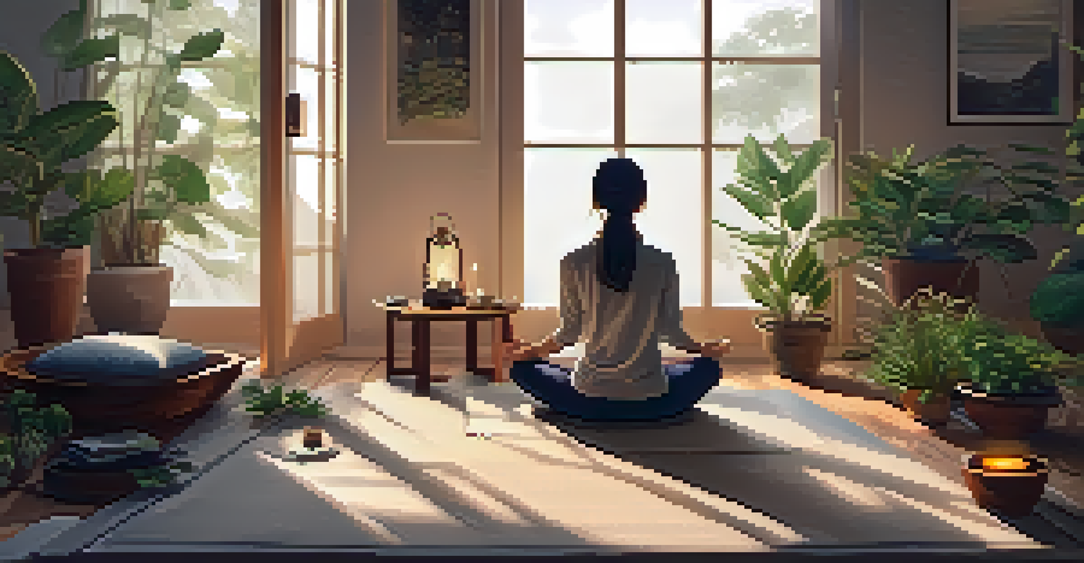 A peaceful meditation space with a person meditating on a mat surrounded by plants and soft lighting.