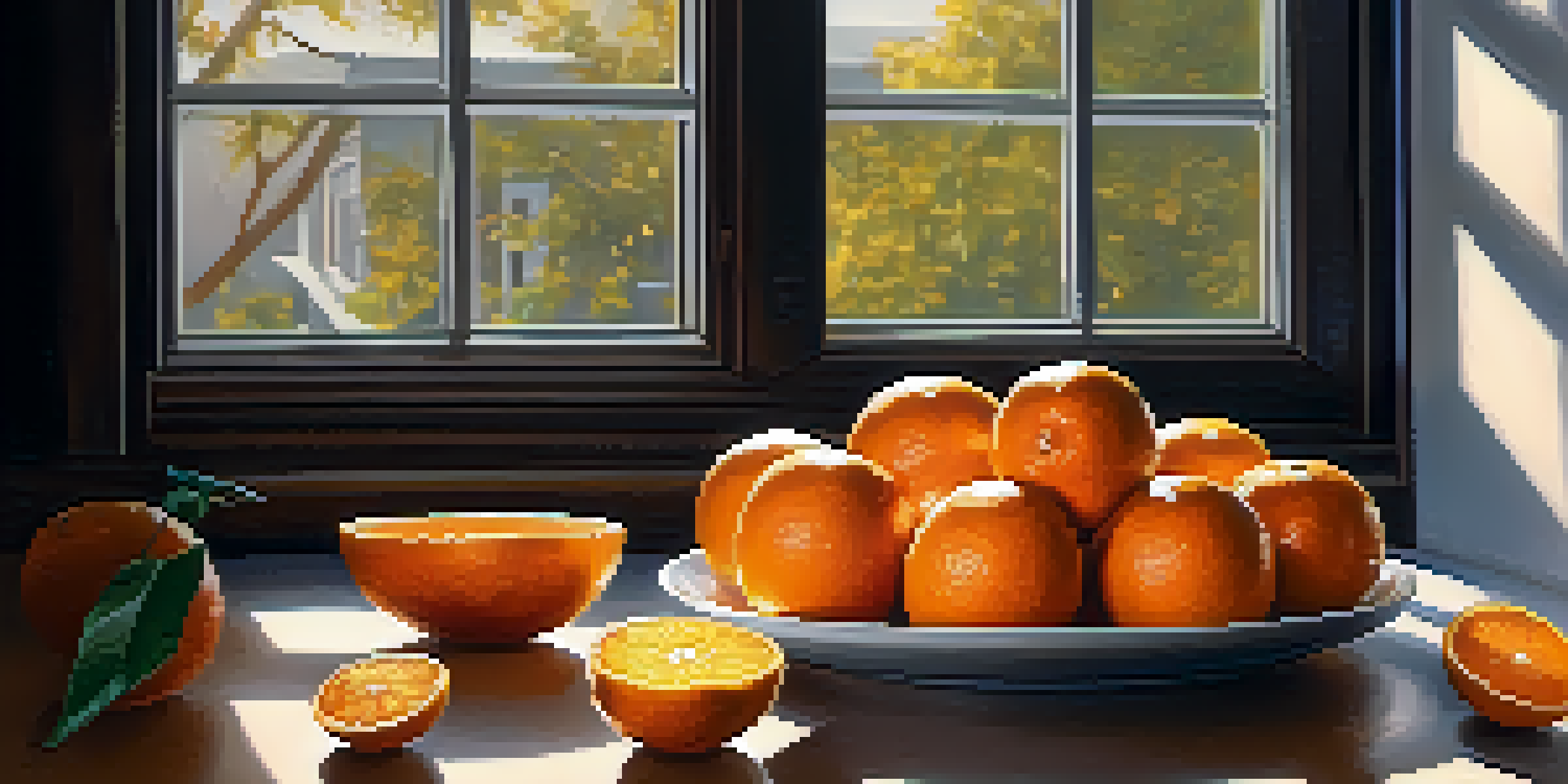 A kitchen with fresh oranges and vitamin C capsules on a cutting board, illuminated by soft sunlight.