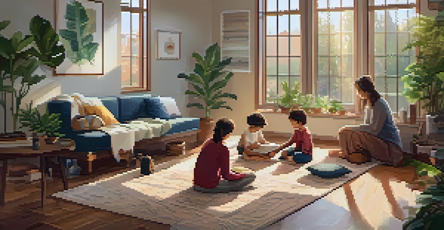 A cozy living room where a family practices mindfulness, with a parent and child meditating and another child journaling.