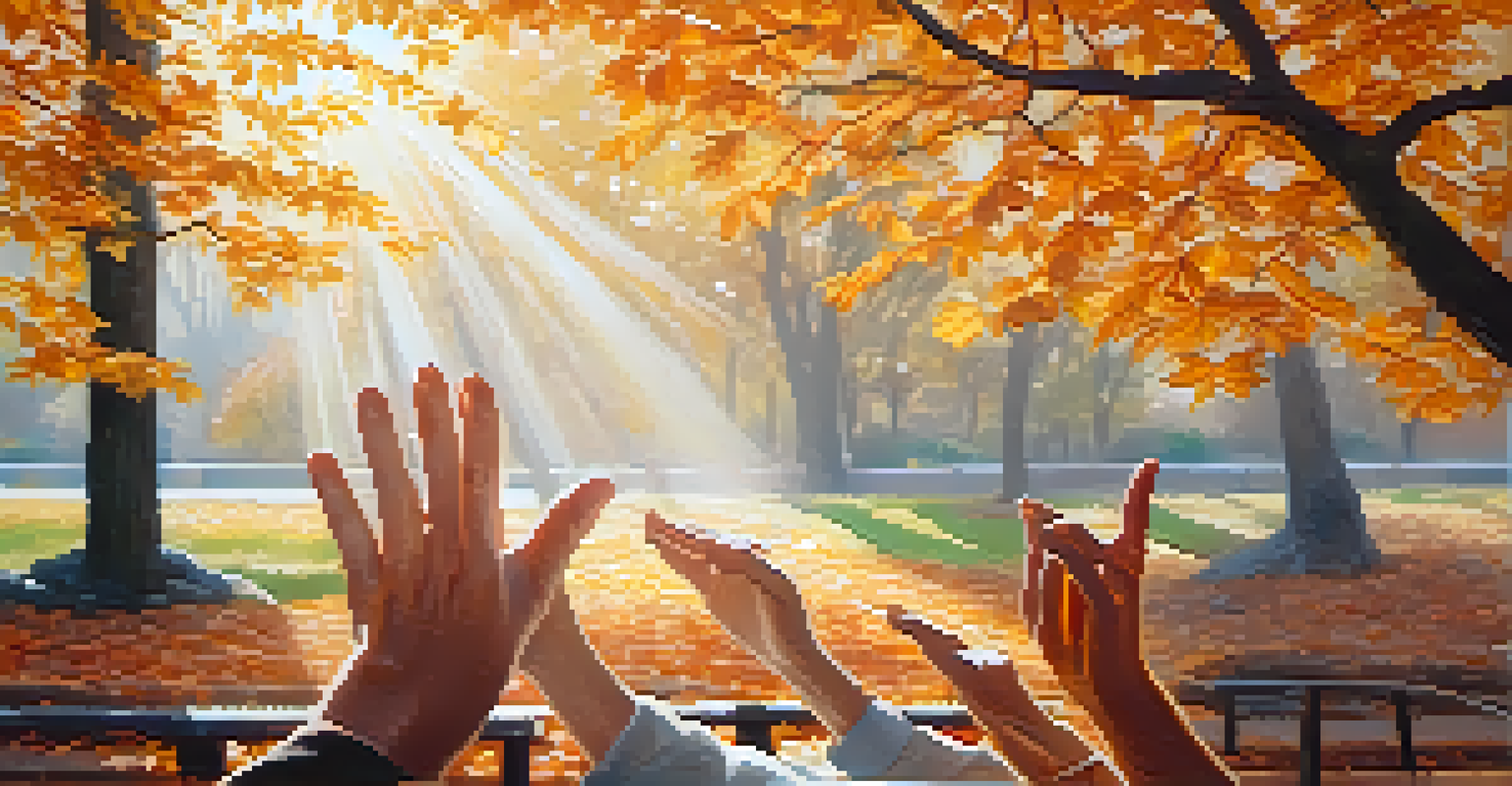 Close-up of hands practicing tai chi in a peaceful autumn park with colorful leaves.