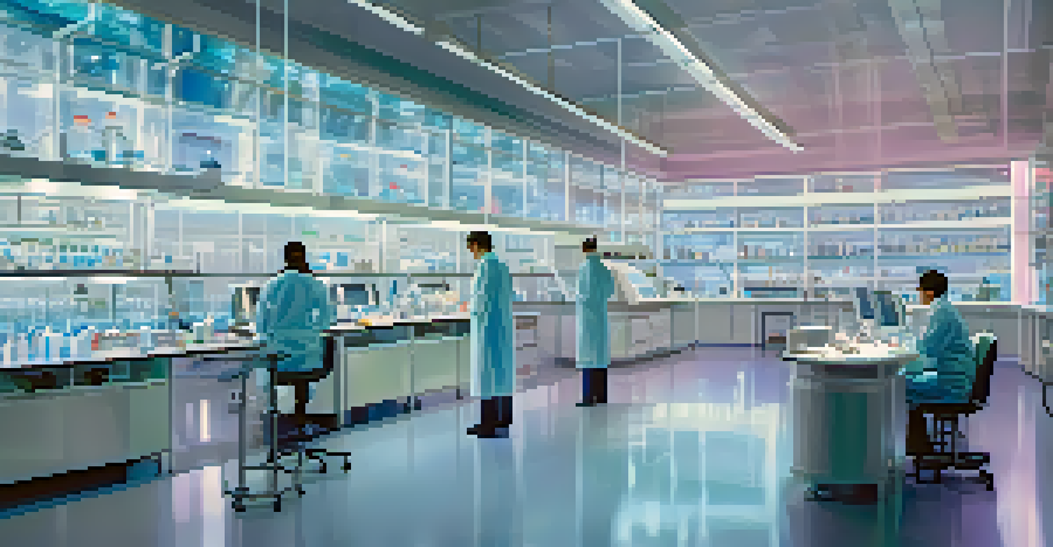 A high-tech laboratory where diverse scientists are engaged in vaccine research, surrounded by advanced technology and holograms.