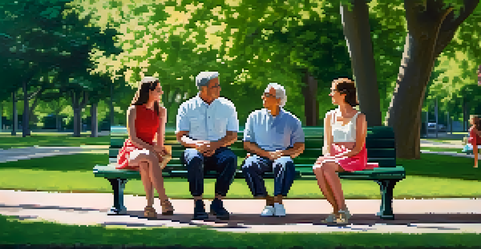 A peaceful park scene where a group of people are sitting on a bench, engaged in heartfelt storytelling amidst blooming flowers.