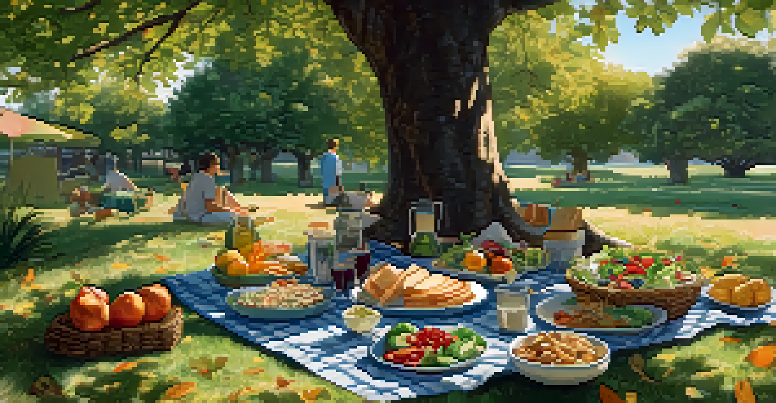 A cheerful group of friends having a picnic under a tree, sharing healthy food on a blanket, with sunlight filtering through the leaves.