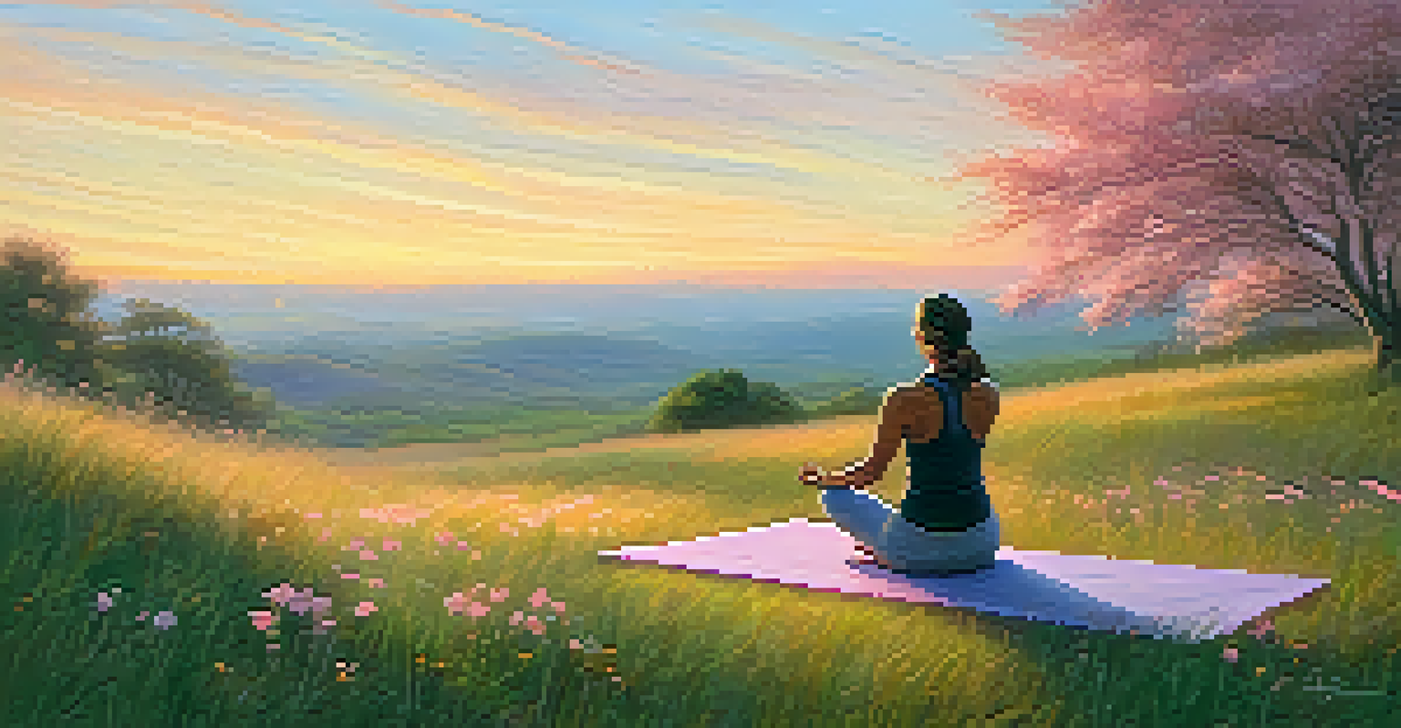 A person practicing yoga on a hill at sunrise, surrounded by flowers and a colorful sky.
