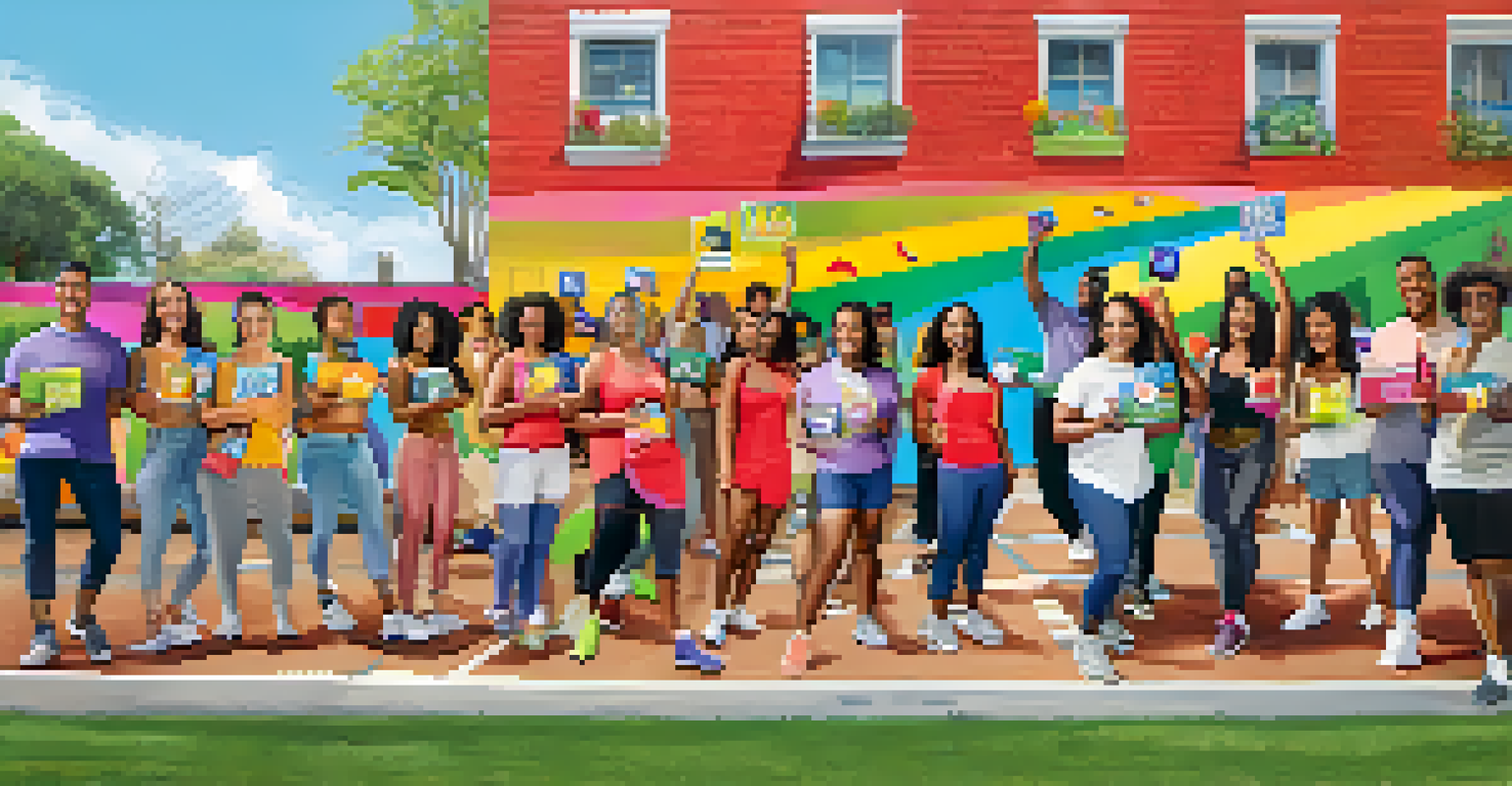A diverse group of individuals promoting health awareness with signs in front of a colorful mural.
