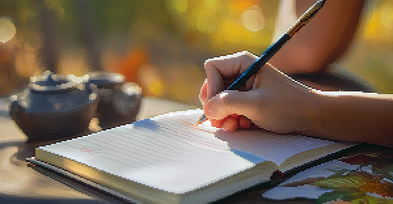 Close-up of hands writing in a gratitude journal outdoors, with nature in the background.