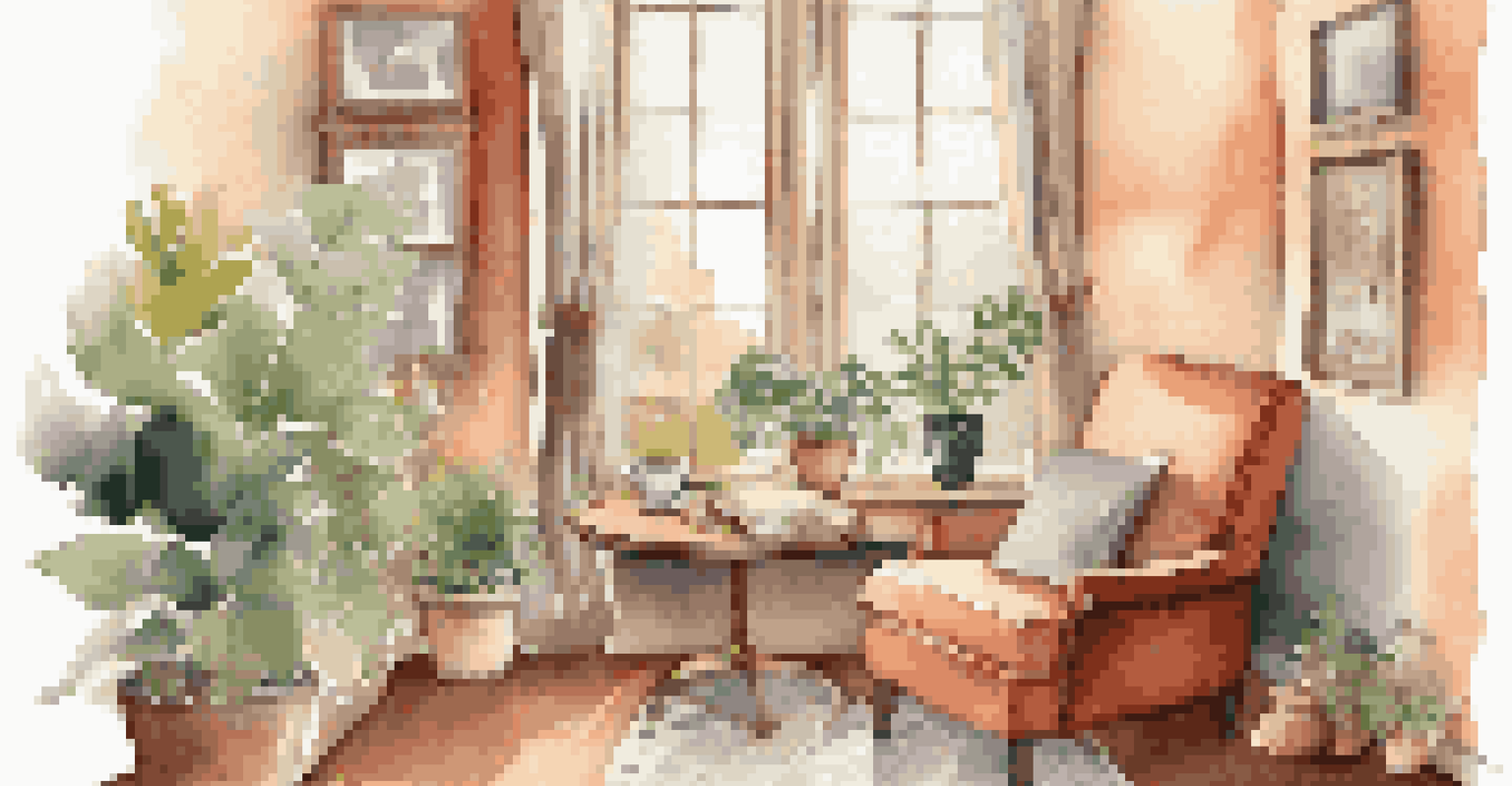 A cozy living room with an armchair, a coffee table with a journal and tea, and plants, illuminated by natural light.