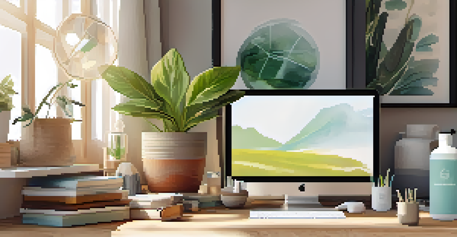 A wooden desk with sustainable wellness products, including a water bottle and a plant, with a laptop showing a mindfulness app.