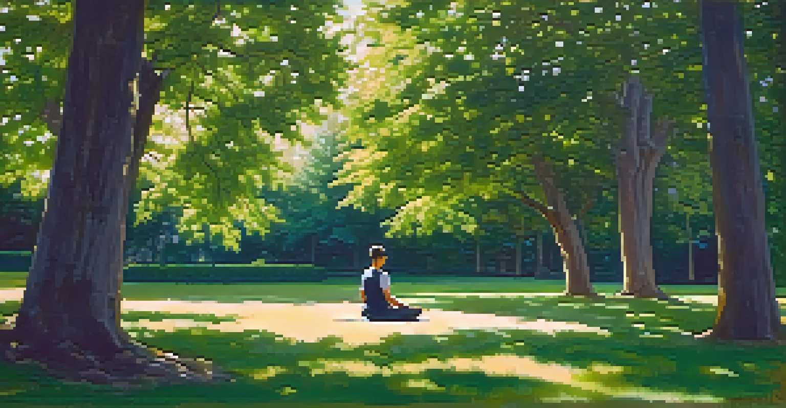 A person meditating in a lush green park, surrounded by flowers and trees, with sunlight filtering through the leaves.