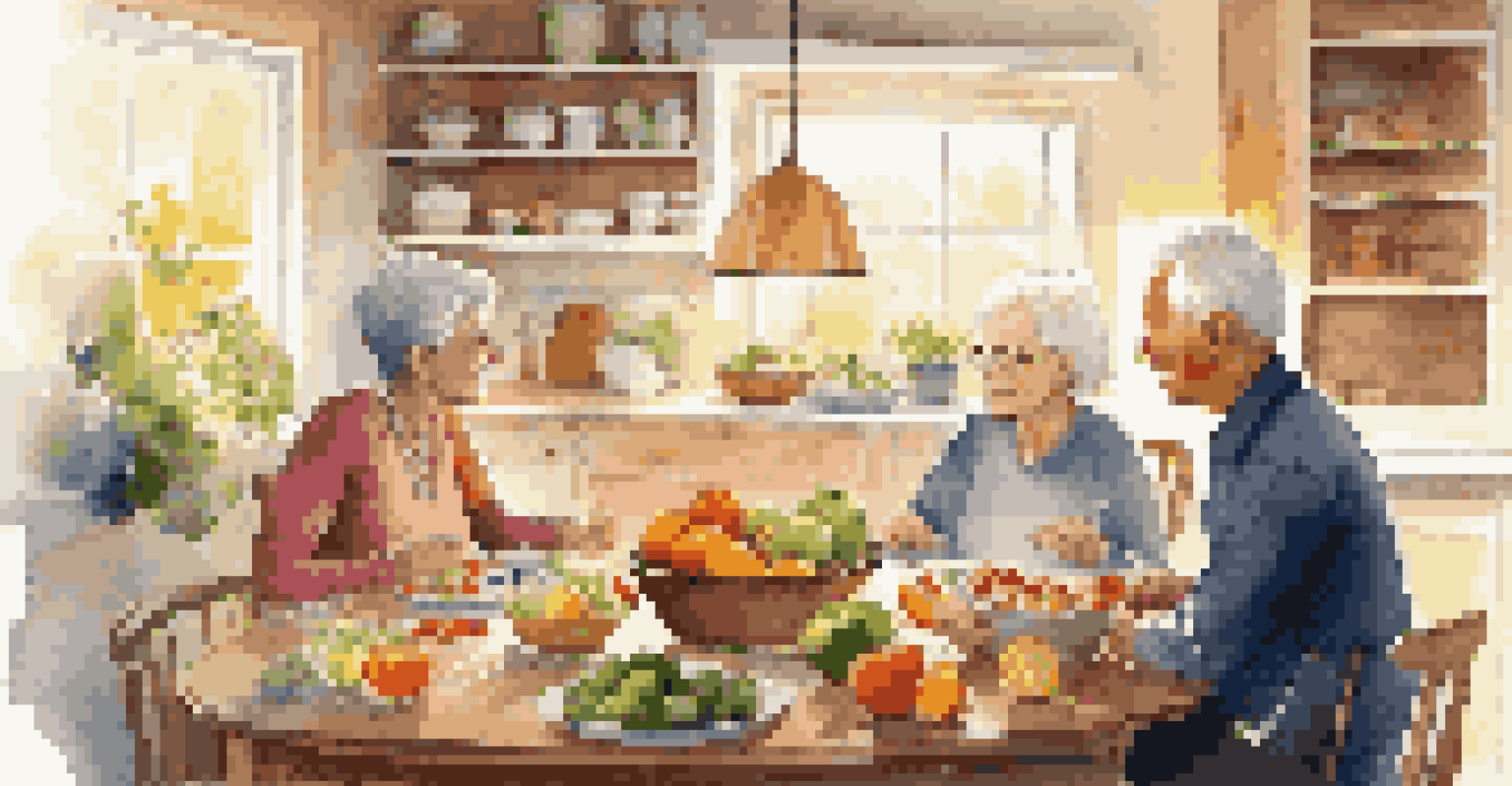 A nutritionist discussing healthy meals with a senior couple in a cozy kitchen filled with fresh ingredients.
