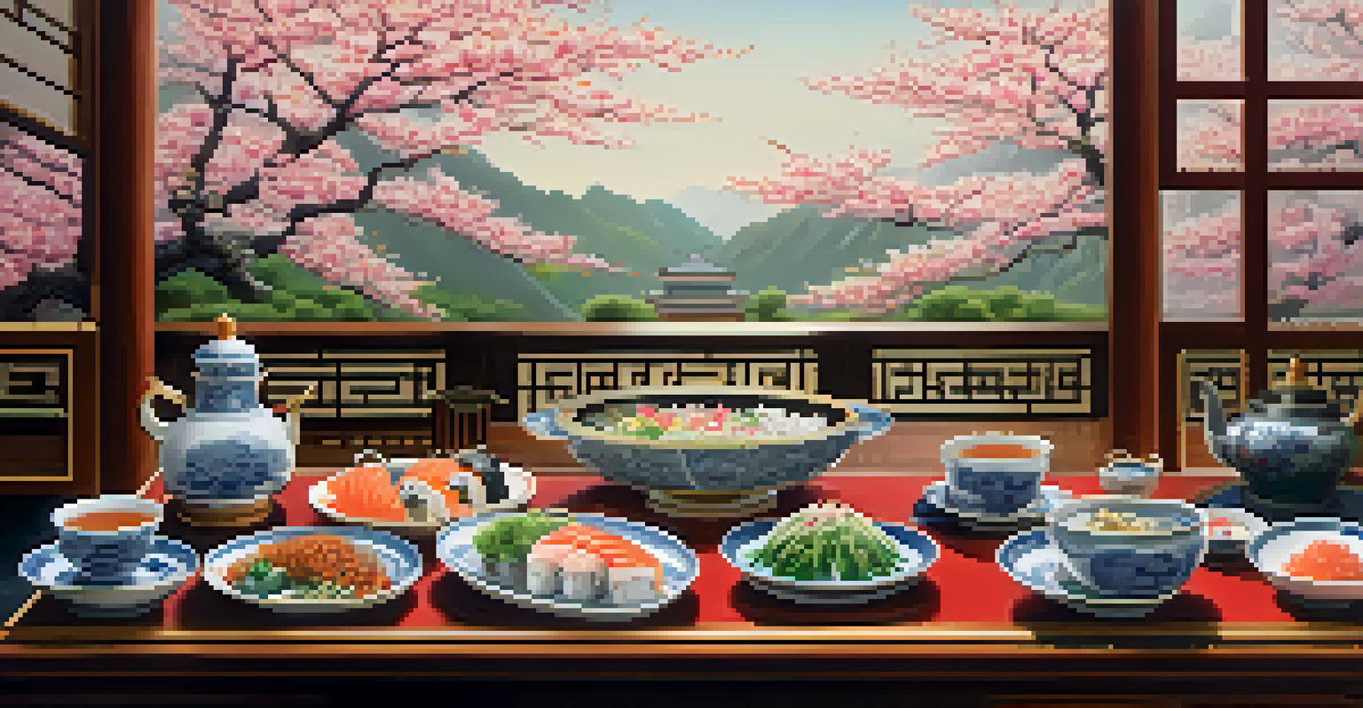 A traditional Asian dining table with sushi, rice, and stir-fried vegetables, surrounded by chopsticks and tea cups with cherry blossoms in the backdrop.