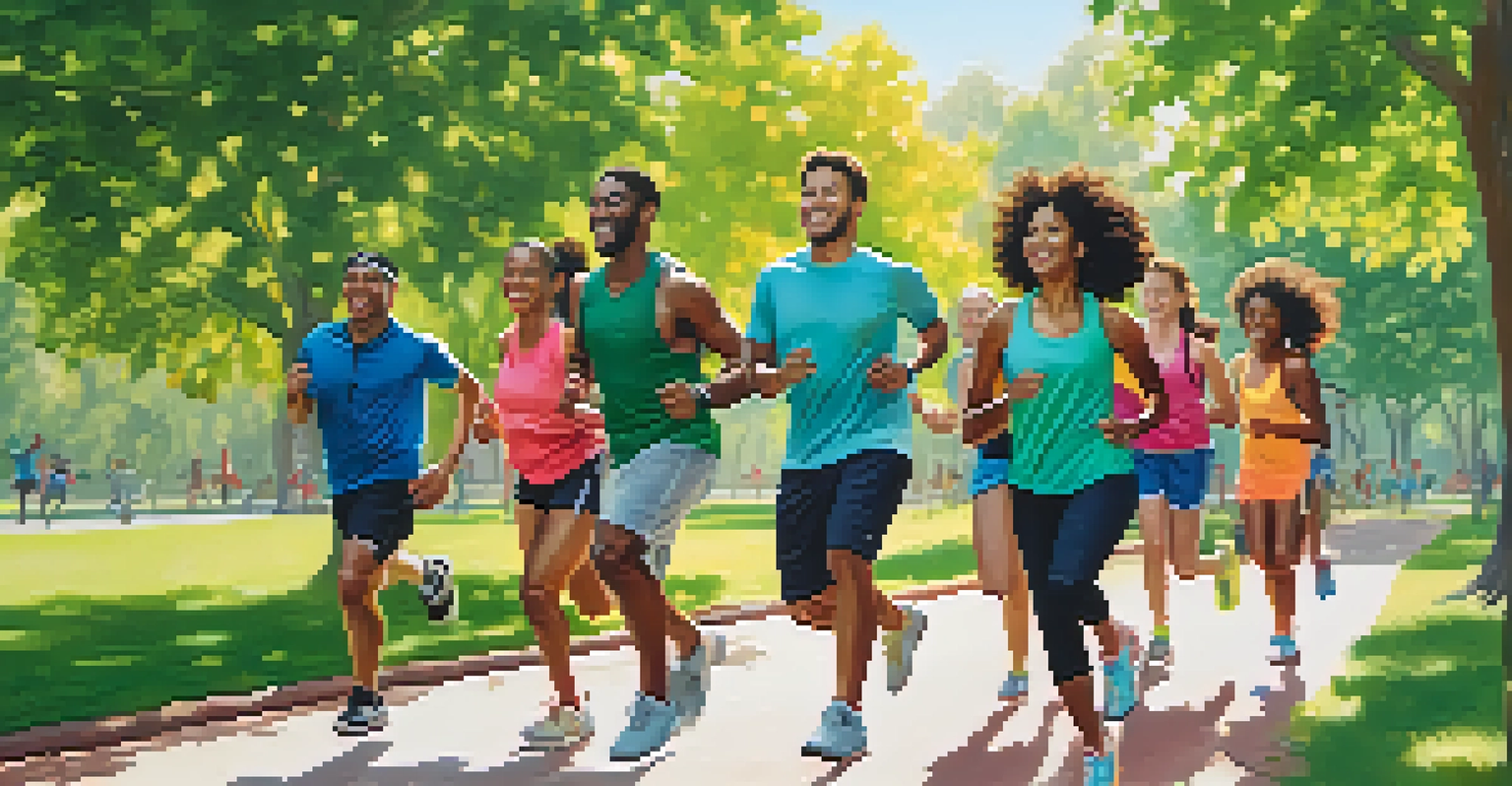 A diverse group of people exercising outdoors in a sunny park, showcasing joy and energy.