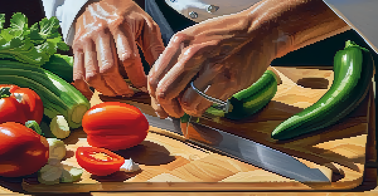 A chef chopping fresh vegetables on a wooden cutting board, with vibrant colors of sliced tomatoes, cucumbers, and bell peppers.