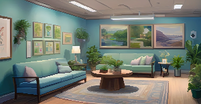 A cozy community support center with warm lighting, comfortable seating, and pamphlets about domestic violence resources, decorated with plants and uplifting artwork.
