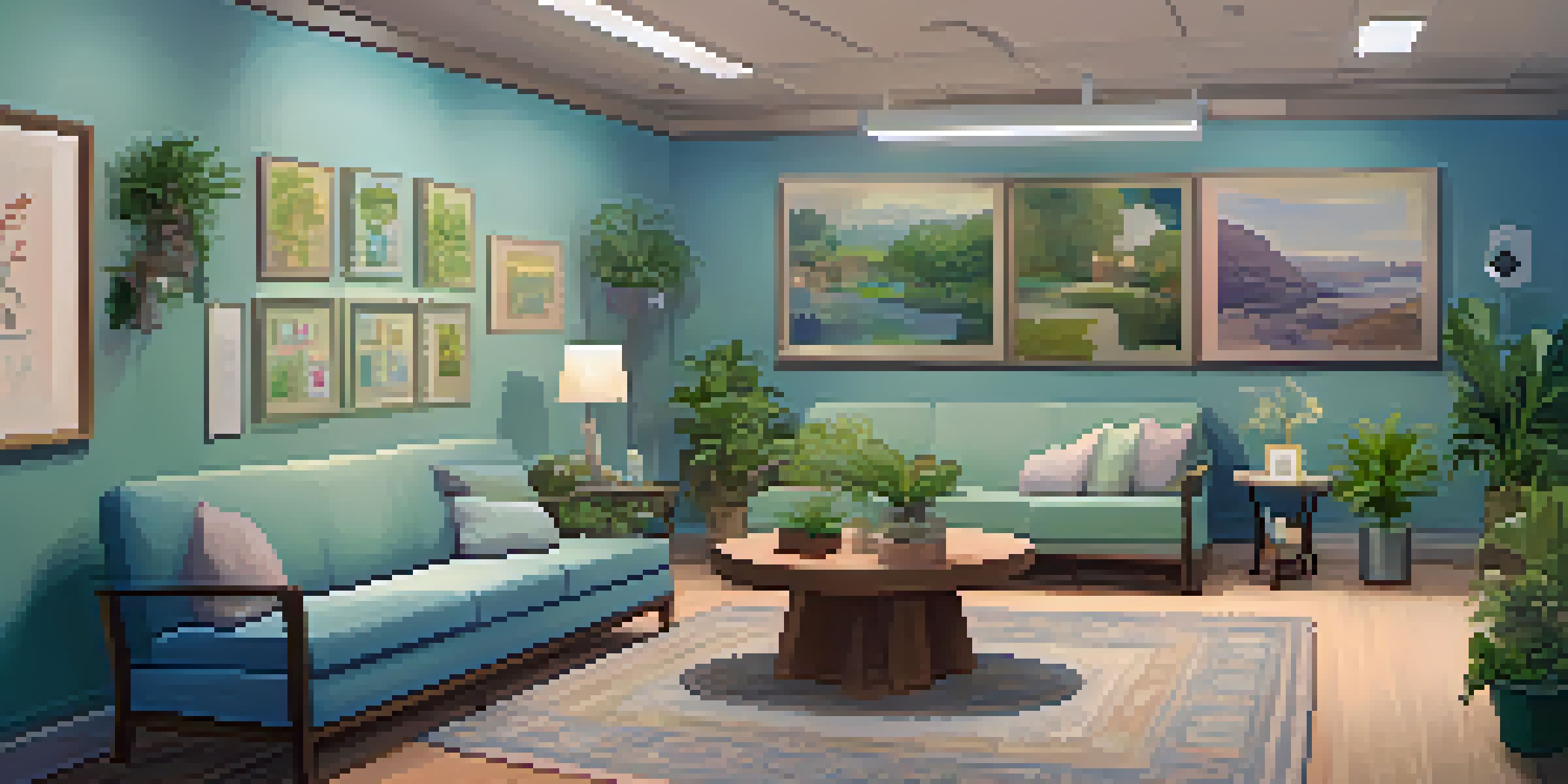 A cozy community support center with warm lighting, comfortable seating, and pamphlets about domestic violence resources, decorated with plants and uplifting artwork.