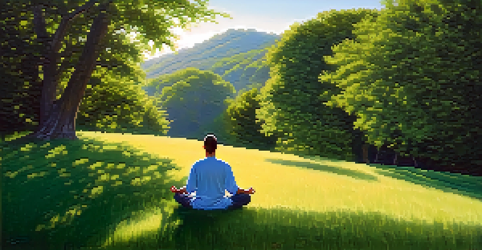 A person meditating on a hilltop, surrounded by trees and a clear sky, representing peace and mindfulness.