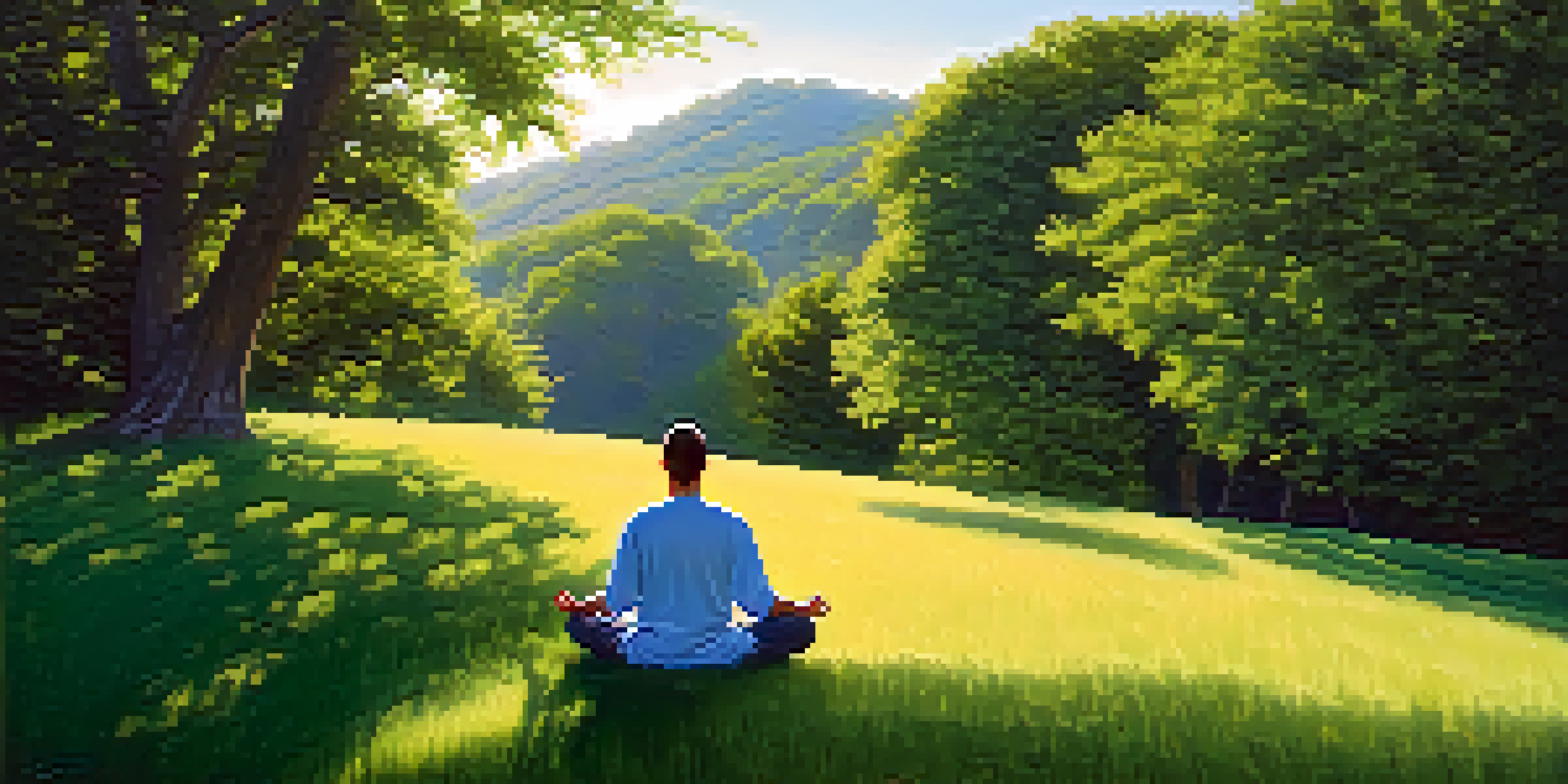A person meditating on a hilltop, surrounded by trees and a clear sky, representing peace and mindfulness.