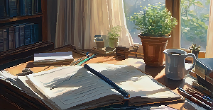 A warm and inviting room with a wooden desk filled with journals and a cup of tea, illuminated by sunlight from a window showing a garden.
