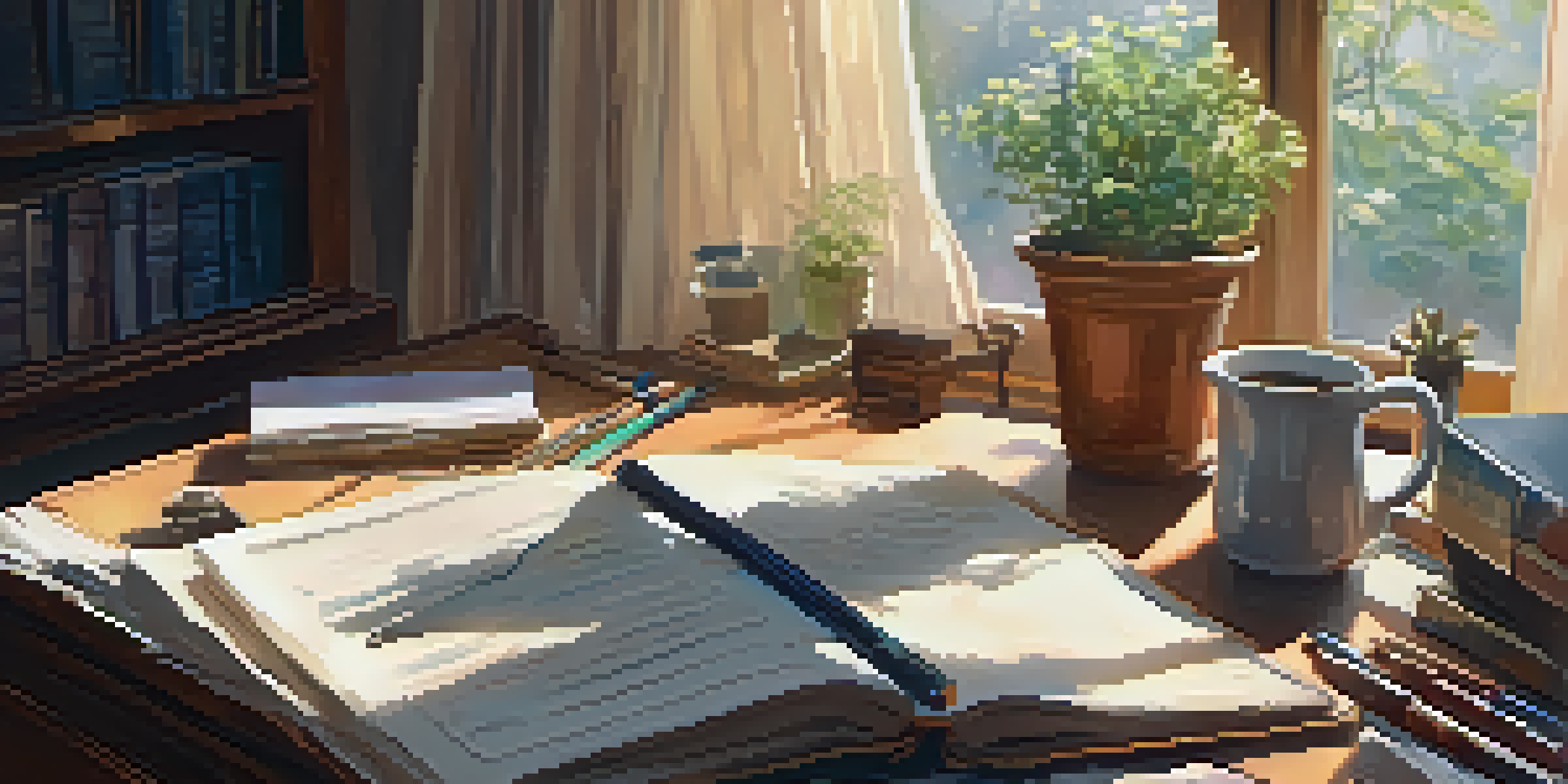 A warm and inviting room with a wooden desk filled with journals and a cup of tea, illuminated by sunlight from a window showing a garden.