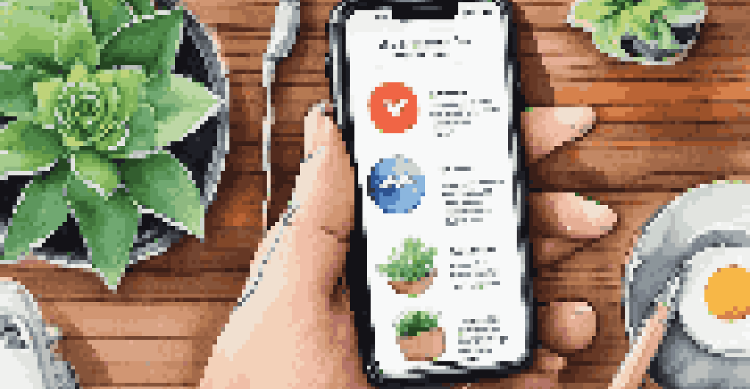 A smartphone displaying a colorful social media feed of self-care activities, alongside a journal and a plant, representing digital self-care.