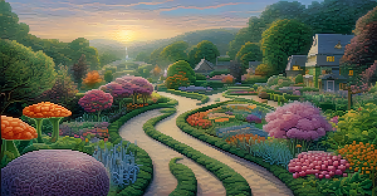 A winding road connecting a vibrant garden with healthy foods to a glowing brain, illustrating the gut-brain connection in soothing pastel colors.