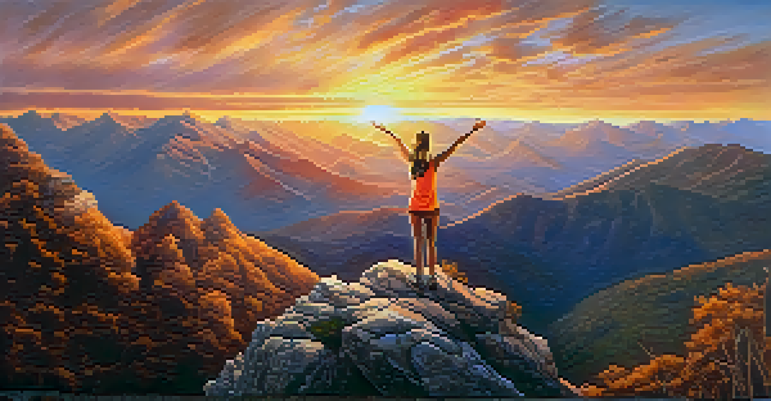 A woman celebrating on a mountain peak at sunrise, with arms raised in triumph and a scenic landscape behind her.