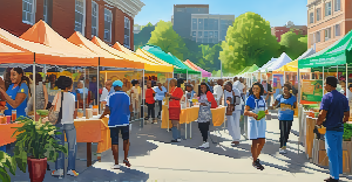 A lively community health fair with diverse attendees engaging in health activities, colorful stalls, and a sunny outdoor setting.