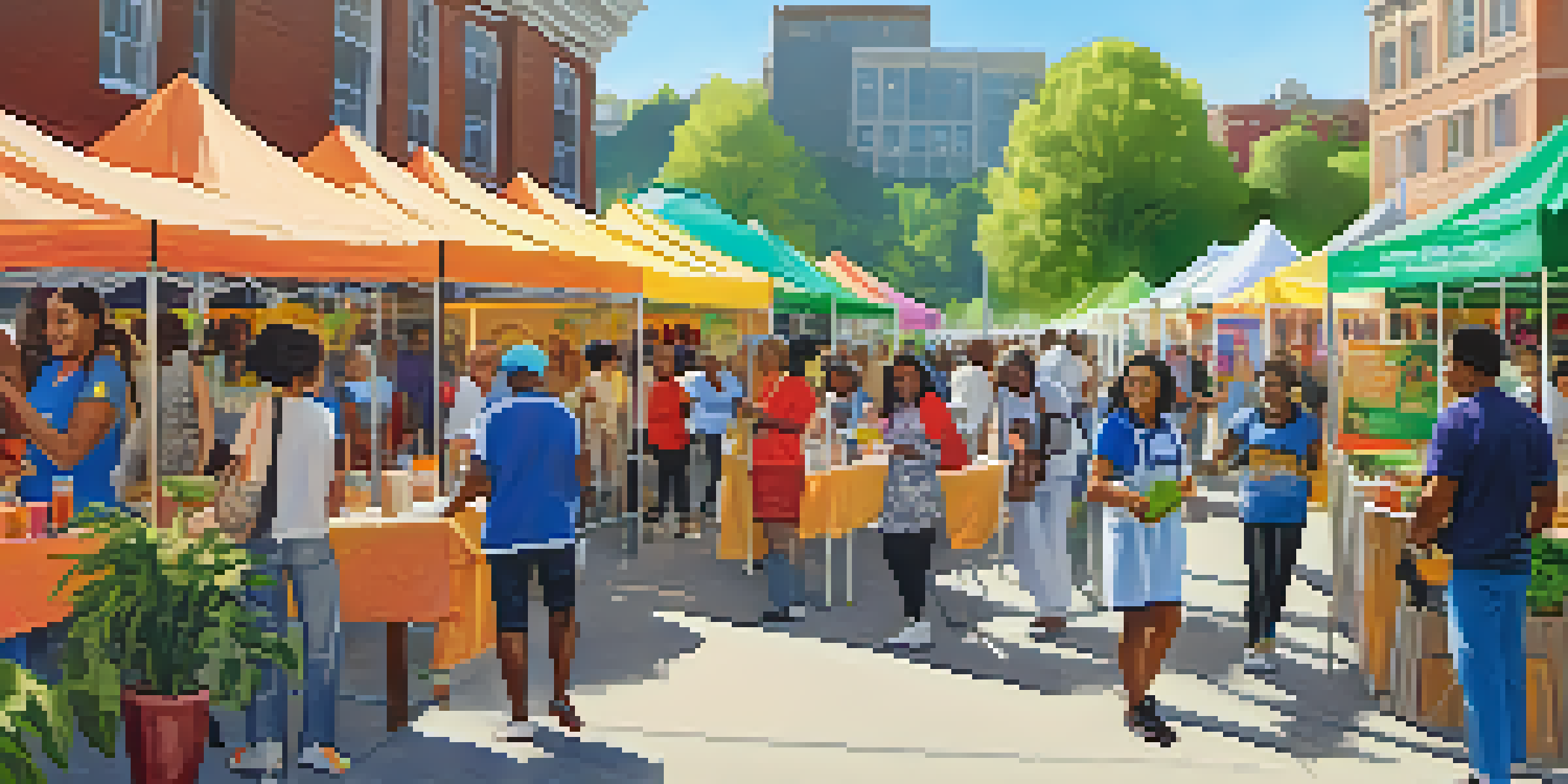 A lively community health fair with diverse attendees engaging in health activities, colorful stalls, and a sunny outdoor setting.
