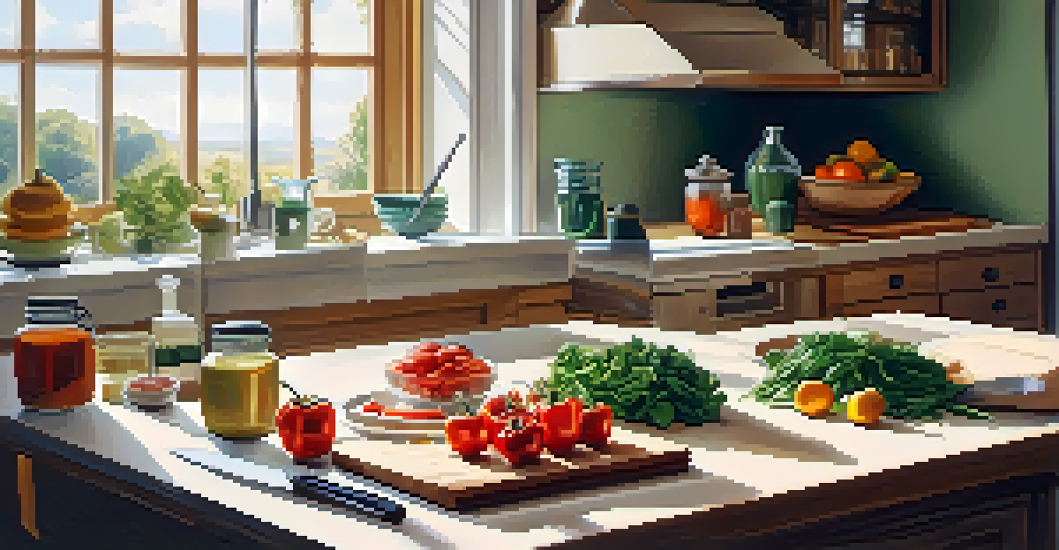 A person preparing heart-healthy meals in a bright kitchen, with fresh ingredients like spinach and bell peppers on the countertop, illuminated by sunlight.