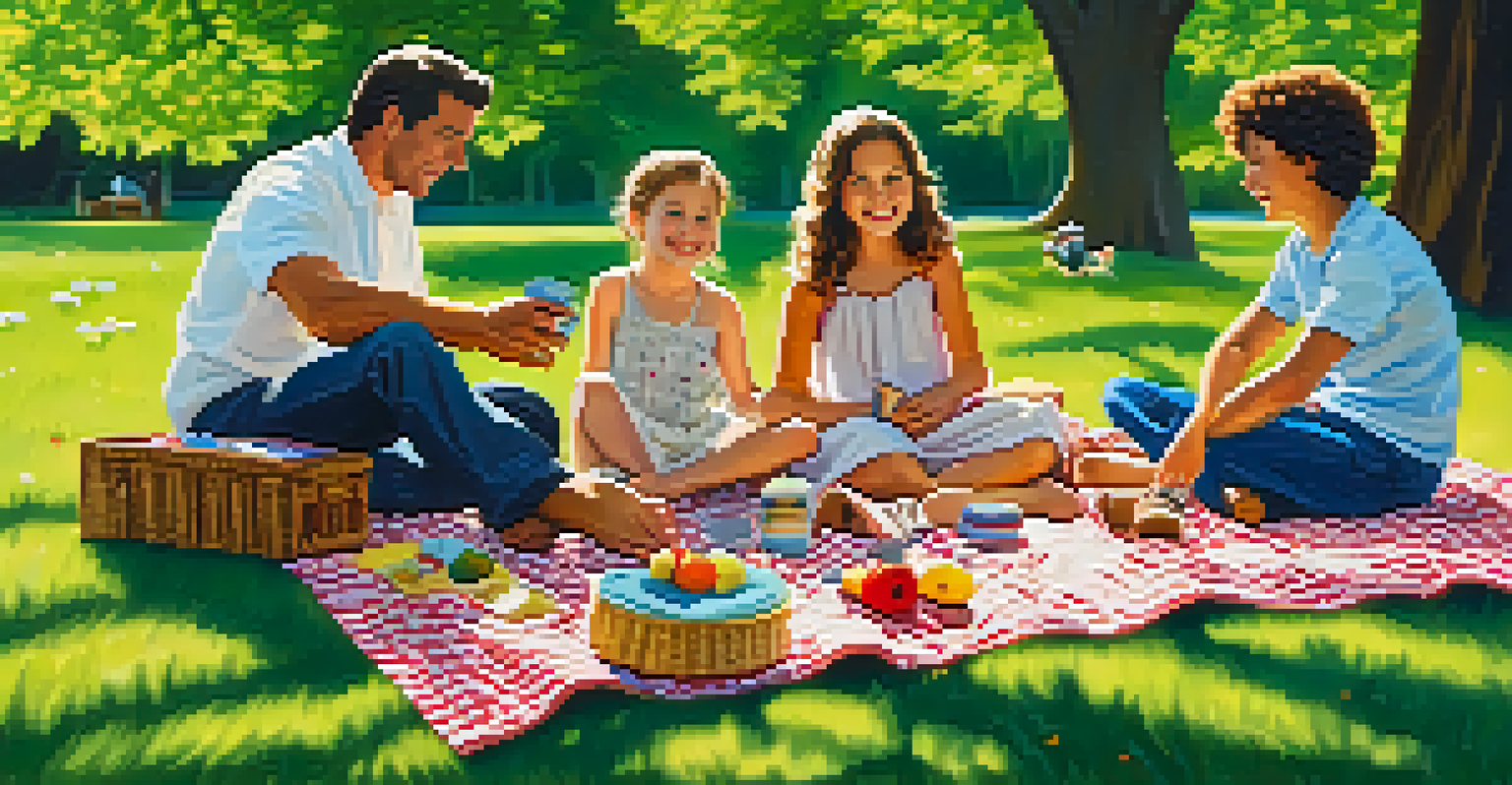 A family enjoying a picnic in a sunny park, engaged in conversation with smiles, surrounded by nature.