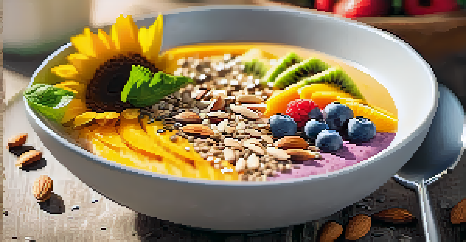 A healthy smoothie bowl garnished with chia seeds, almonds, and sunflower seeds, surrounded by fresh fruits.