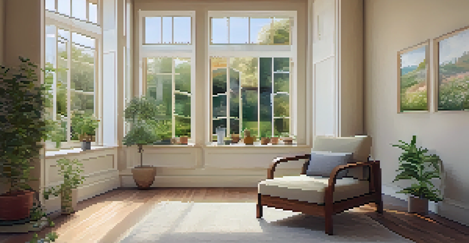 A peaceful therapy room with natural light, comfortable chair, cushions, and a view of a garden.