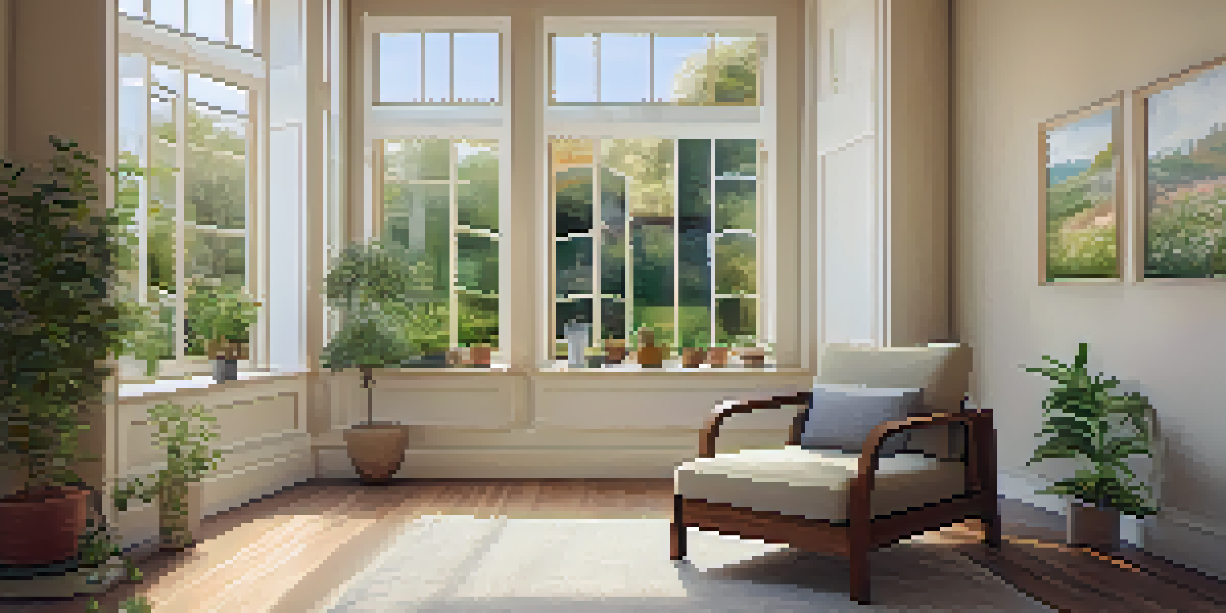 A peaceful therapy room with natural light, comfortable chair, cushions, and a view of a garden.