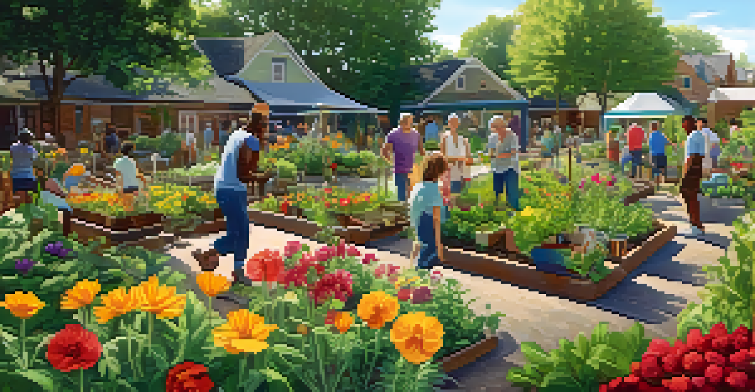 A diverse group of people happily gardening in a vibrant community garden under bright sunlight.