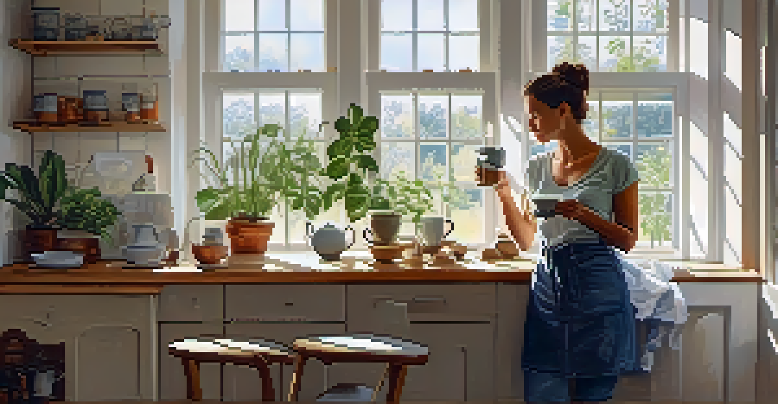 A parent enjoying a quiet moment with coffee in a bright, sunny kitchen.