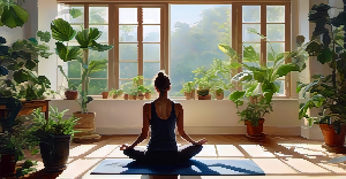 A person sitting peacefully on a yoga mat in a sunlit room, surrounded by plants, practicing breath awareness.