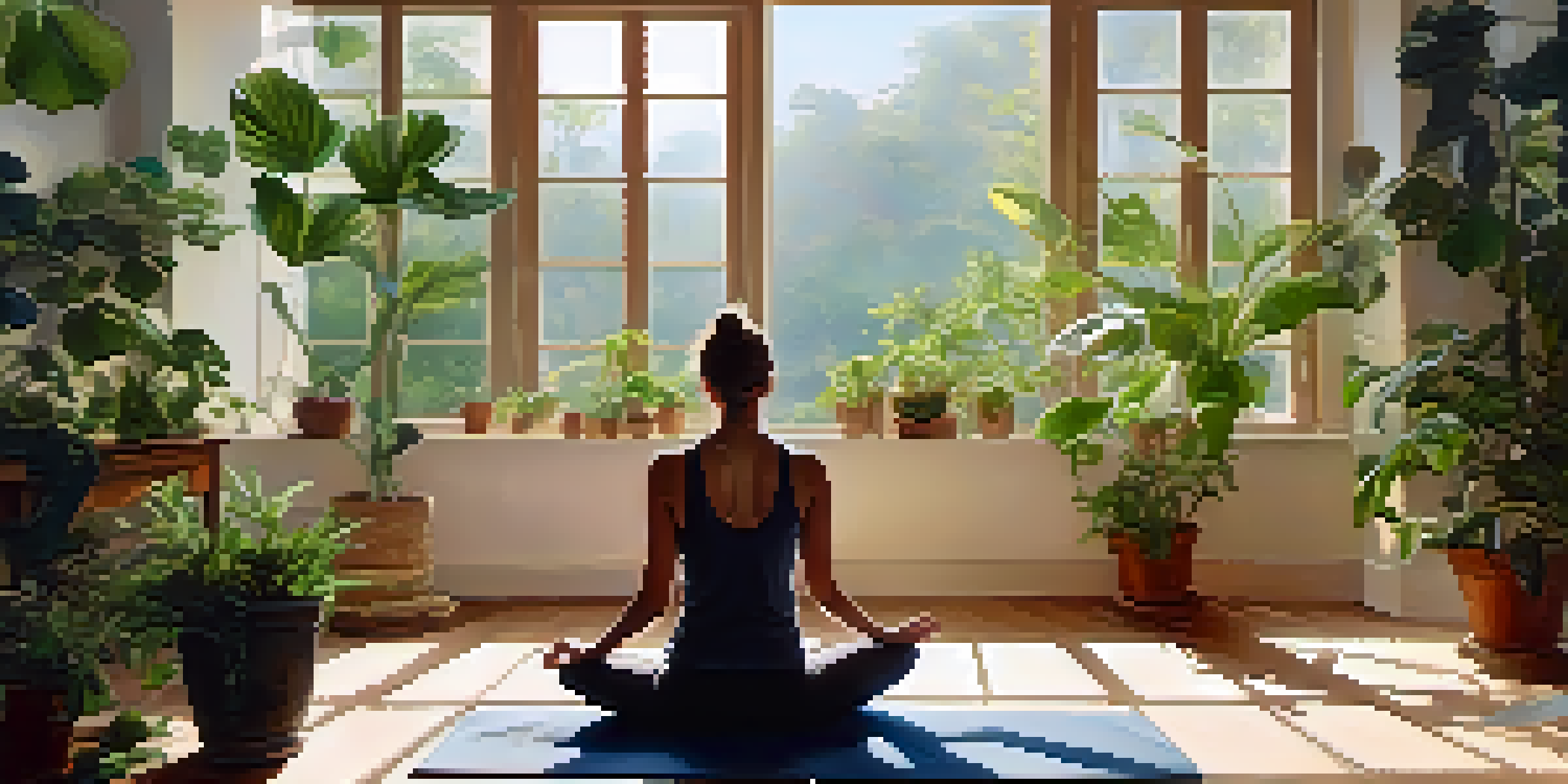 A person sitting peacefully on a yoga mat in a sunlit room, surrounded by plants, practicing breath awareness.