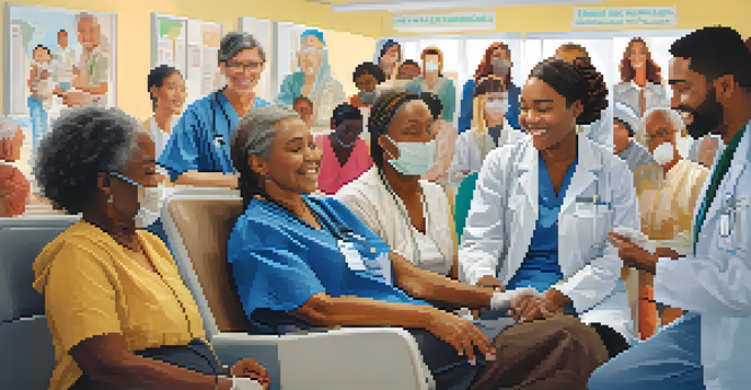 A diverse group of individuals receiving vaccinations in a bright clinic, showcasing a healthcare worker administering a vaccine.