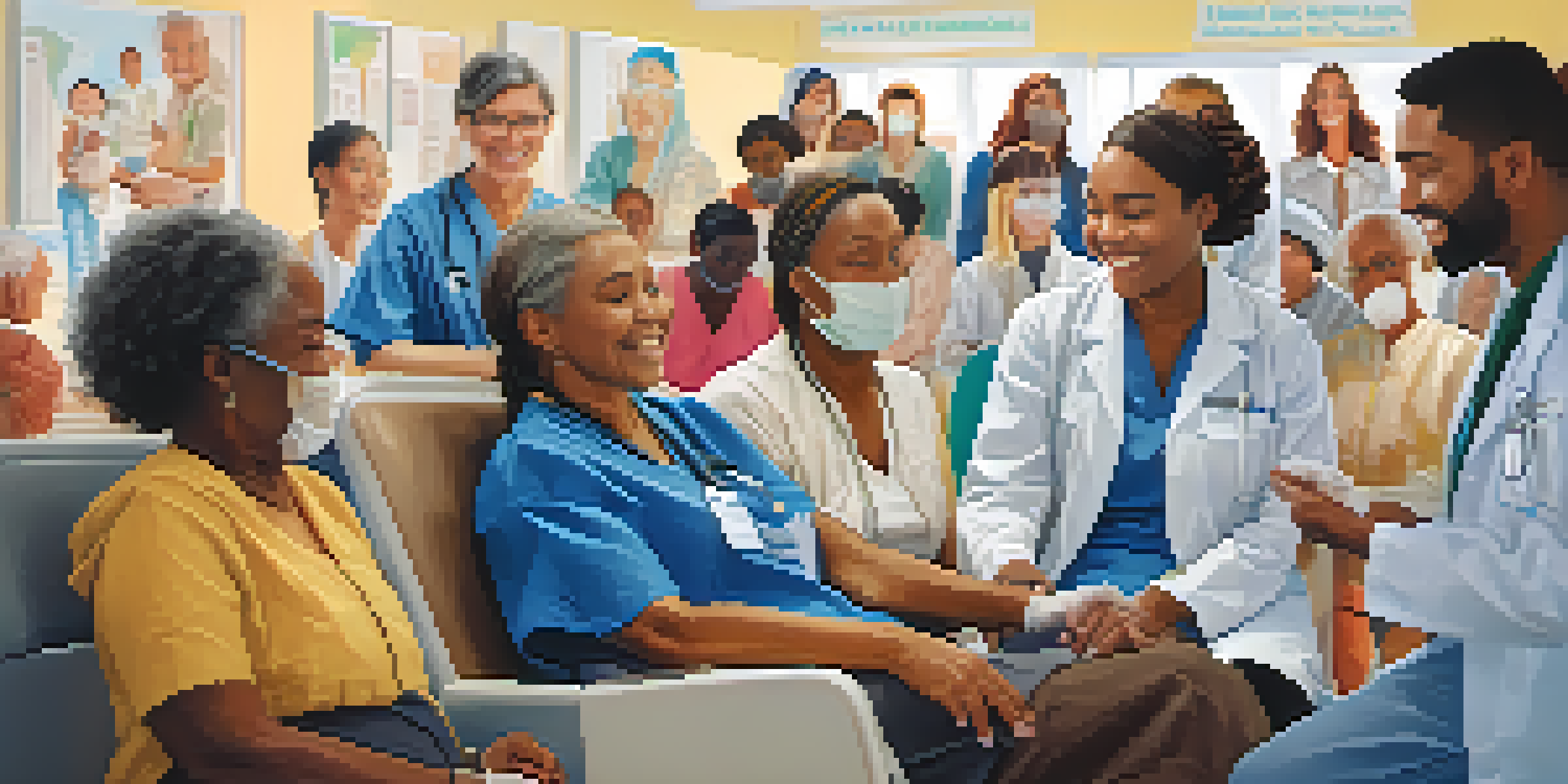 A diverse group of individuals receiving vaccinations in a bright clinic, showcasing a healthcare worker administering a vaccine.
