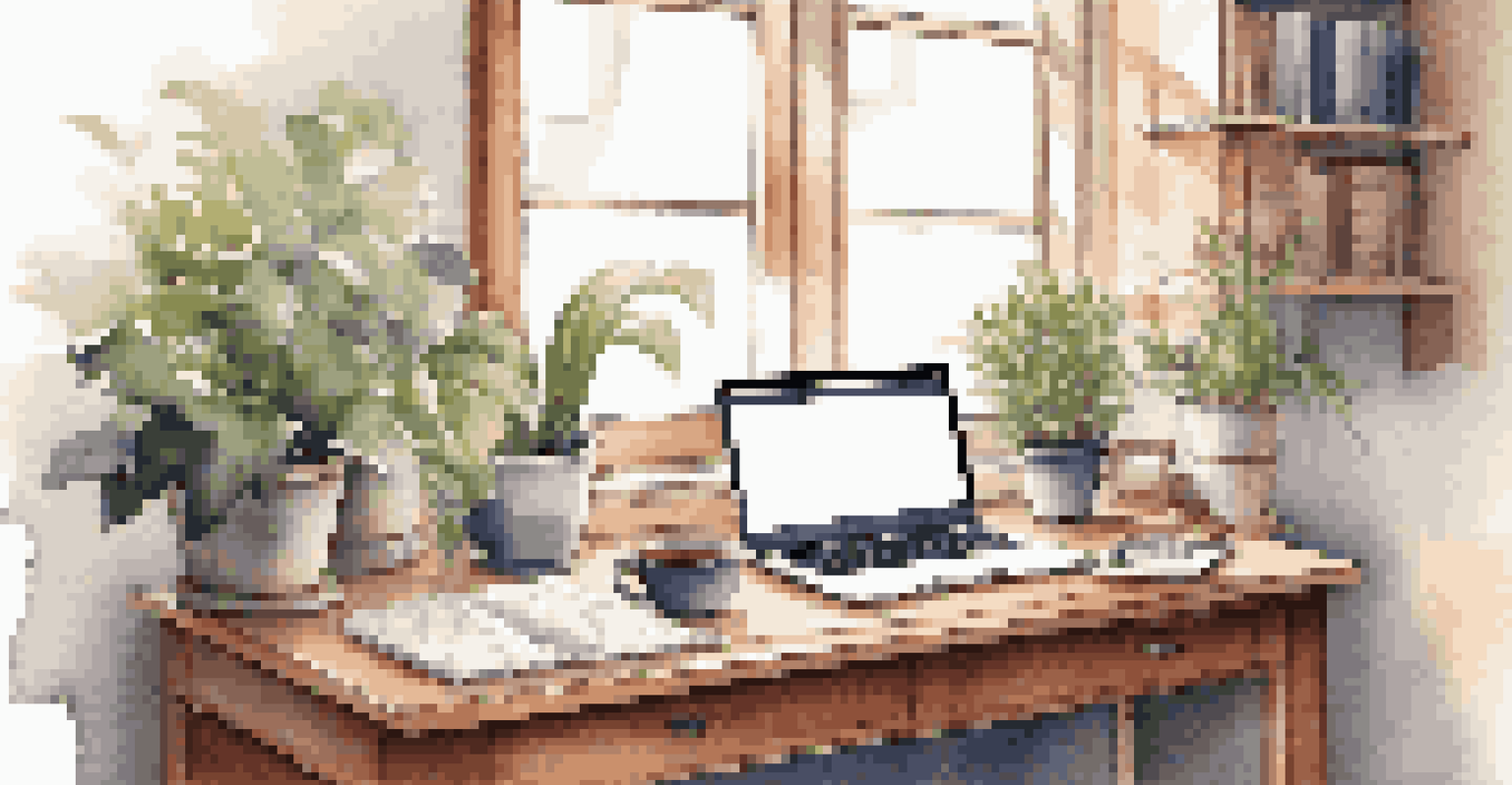 A cozy home office desk with a laptop, a cup of tea, and a plant, illuminated by soft natural light.