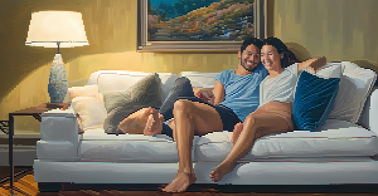 A couple sitting on a couch, playfully teasing each other with smiles in a cozy living room.