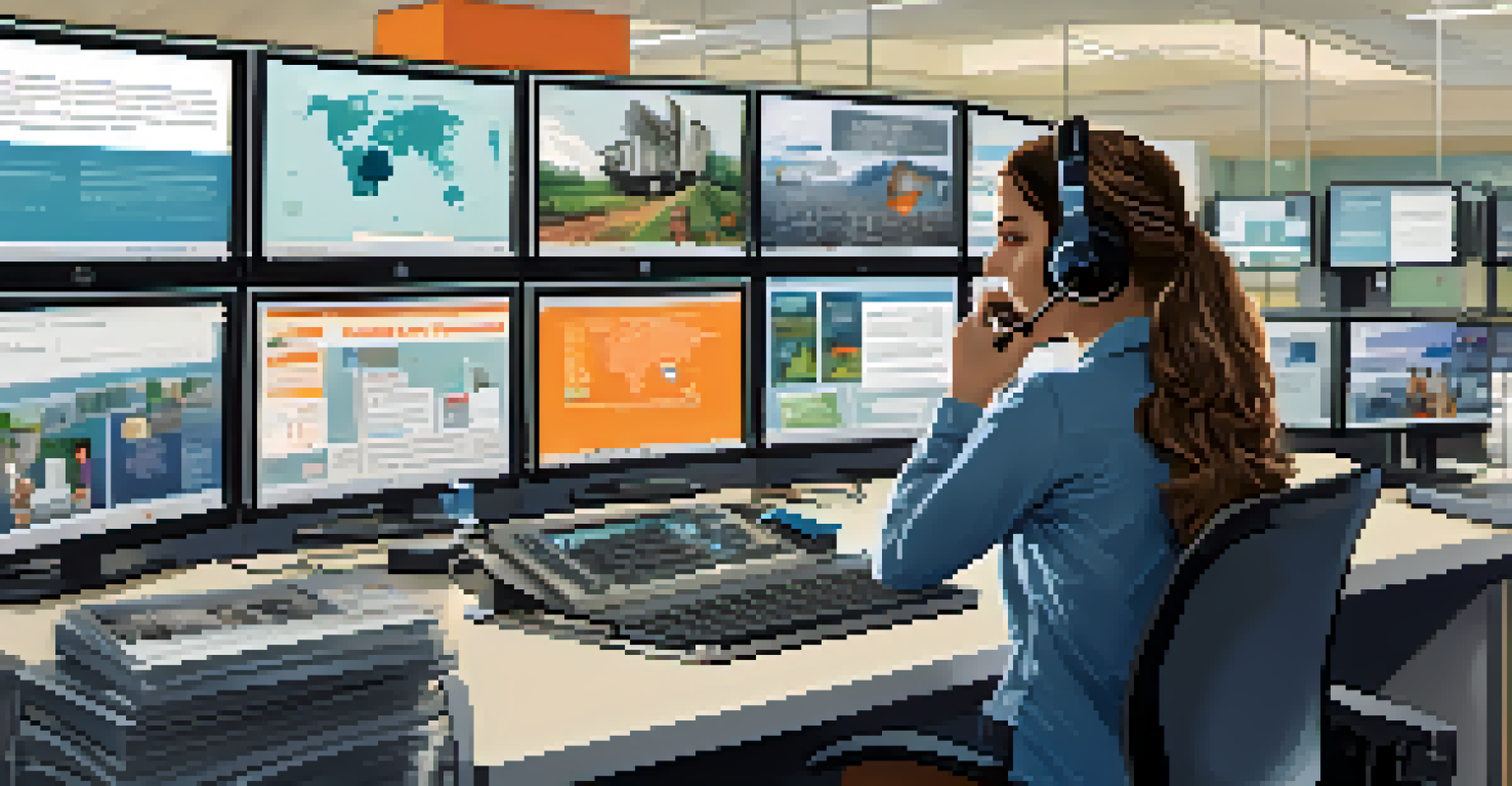 A friendly operator at a crisis hotline center, surrounded by screens and motivational posters, in a bright and welcoming environment.
