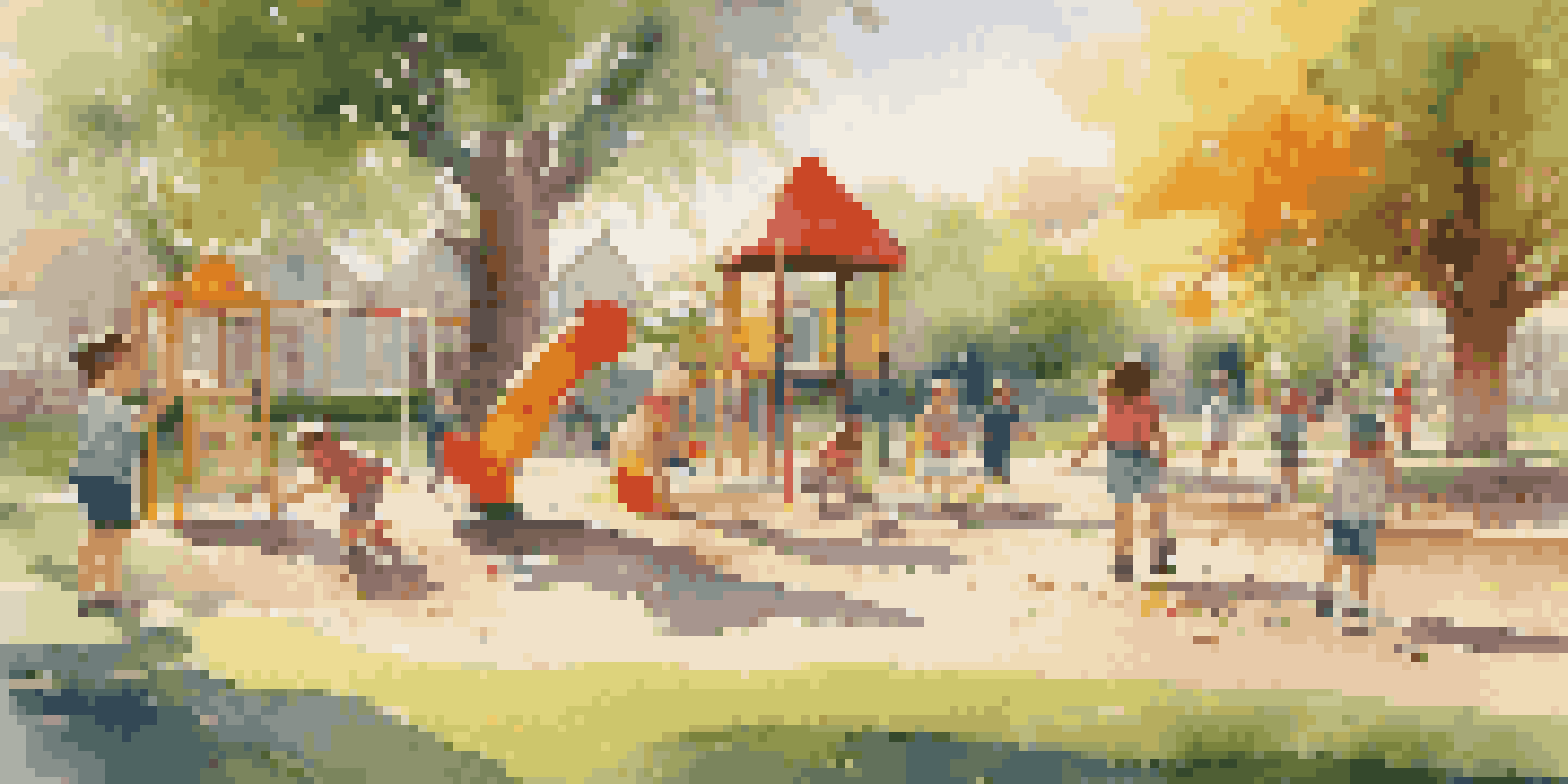 Children playing outside with blocks, surrounded by green grass and colorful playground equipment, under a sunny sky.